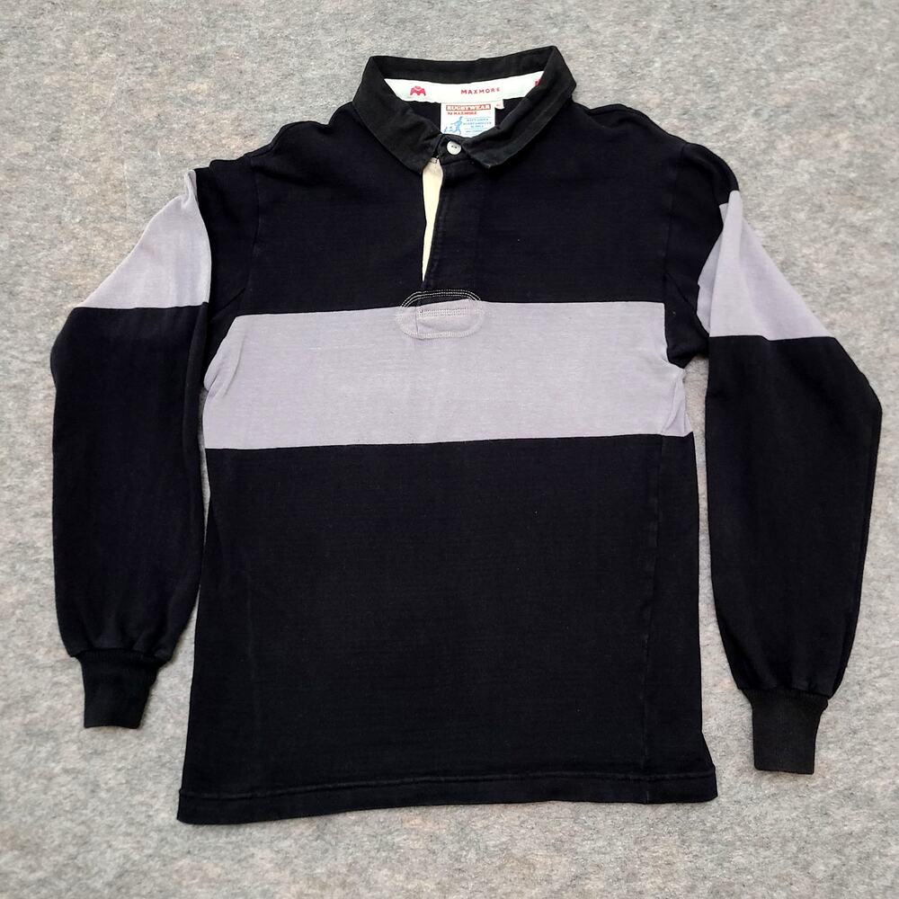 Rugbywear by Maxmore Mens 42 Black Gray Rugby Shirt Striped Vintage Pinhole